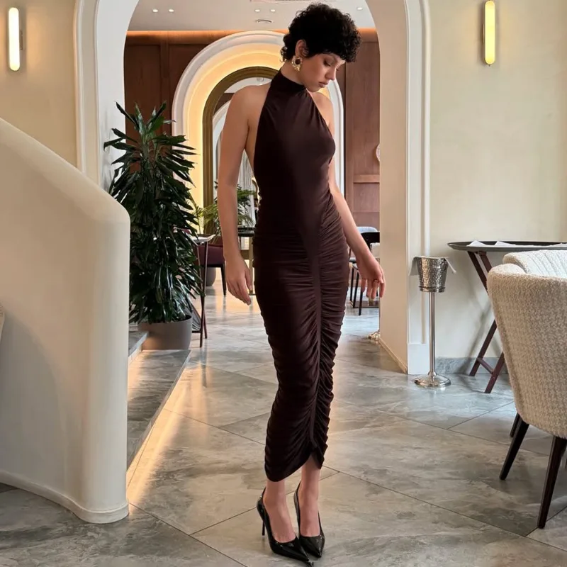 Ticketsx licou col roulé robe longue femmes sans manches dos nu froncé robe Sexy femme soirée Club élégant robe mince – Image 4