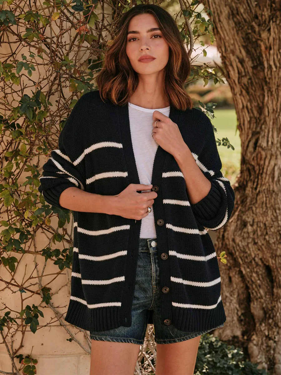 Tricot Cardigan Rayé coton Femme – Image 5