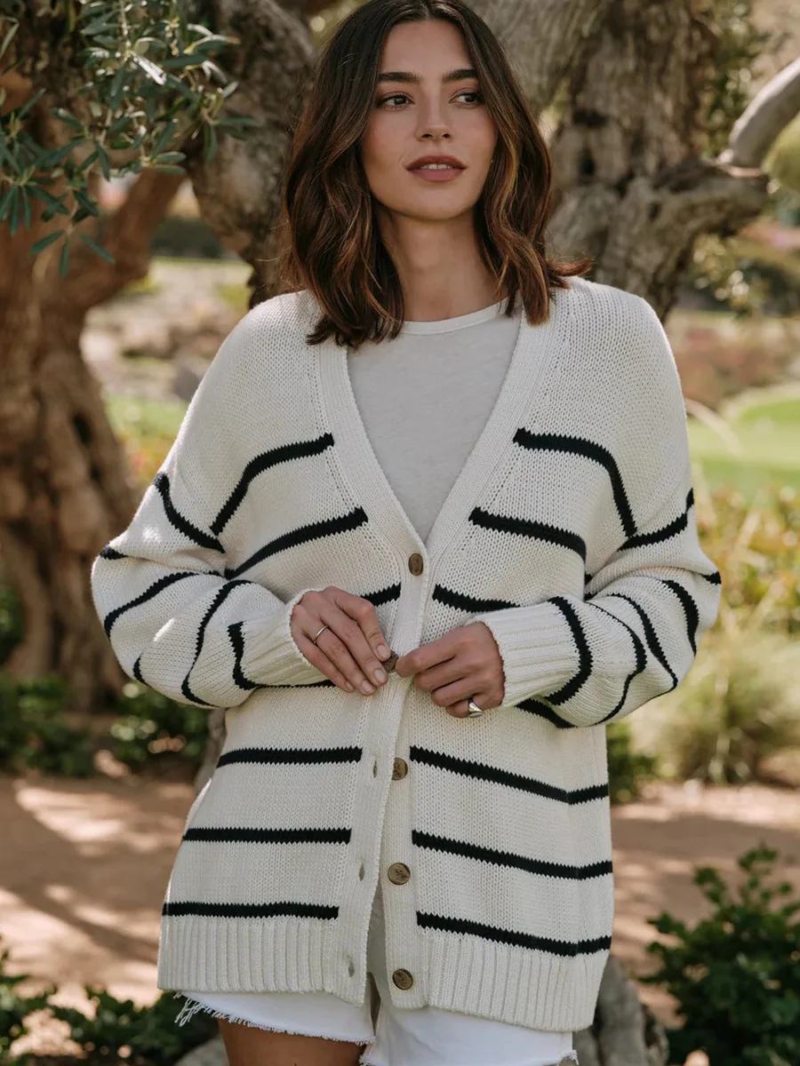 Tricot Cardigan Rayé coton Femme – Image 3