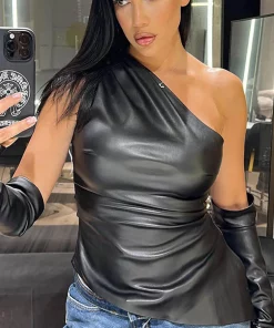 Gilet en cuir avec manches et ourlet irrégulier pour femmes – Image 6