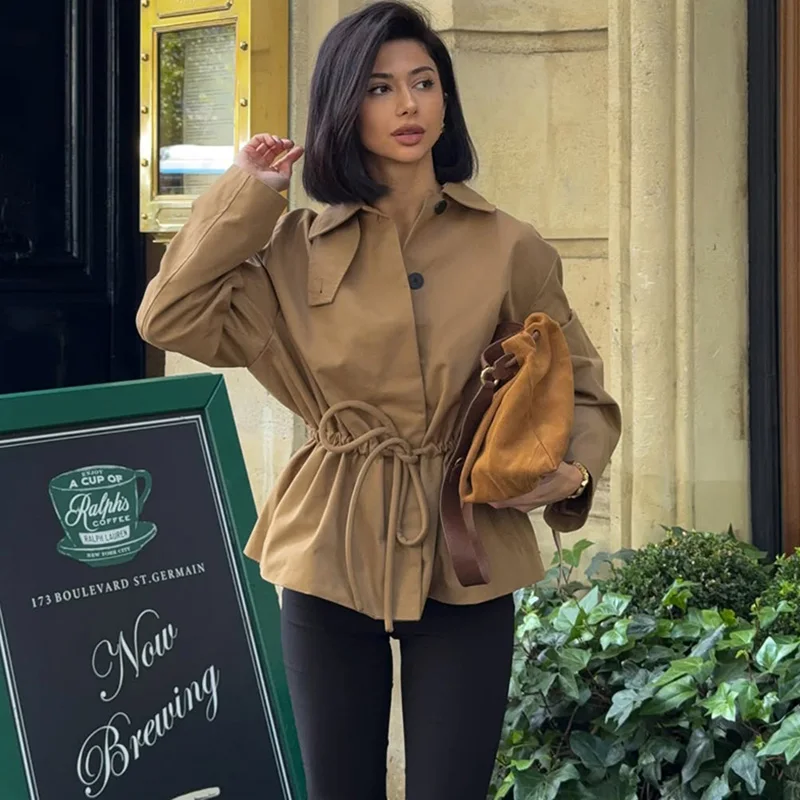 Ticketsx femmes veste courte manteaux nouveau revers ample à lacets bouton mince vestes Vintage automne Streetwear bureau vêtements d'extérieur pour femmes