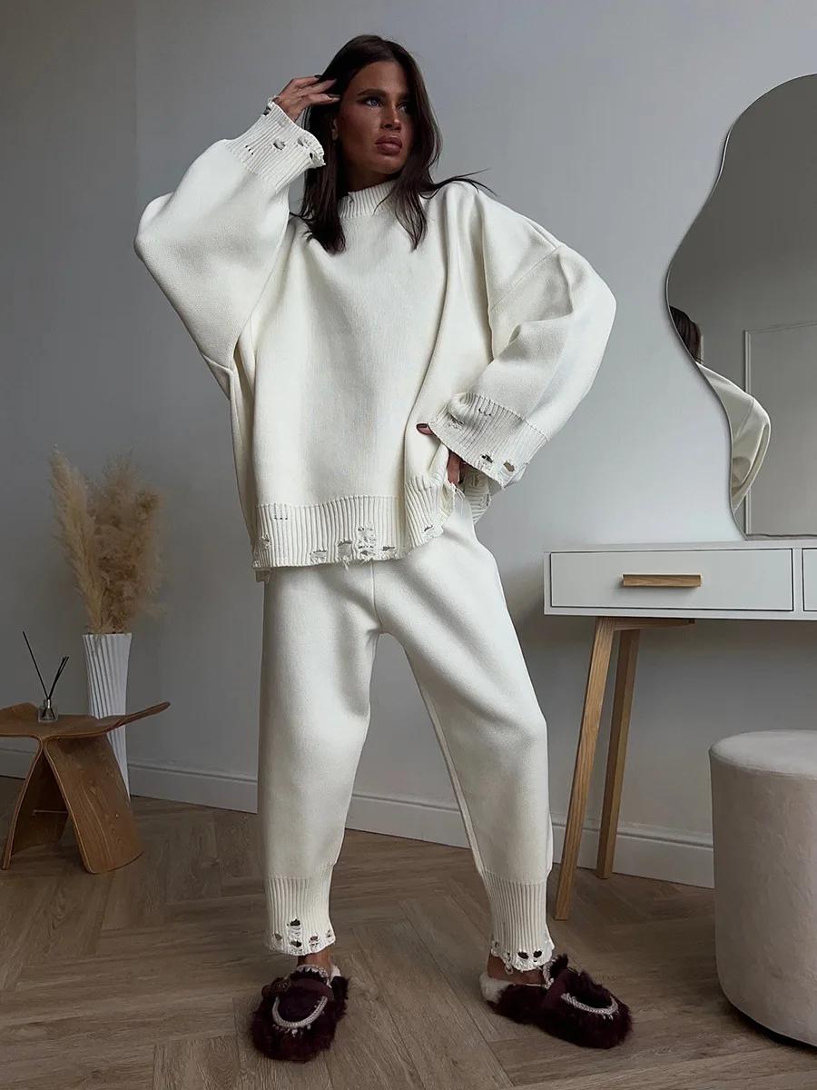 Ensemble pantalon slim en tricot Mode ourlet déchiré – Image 2