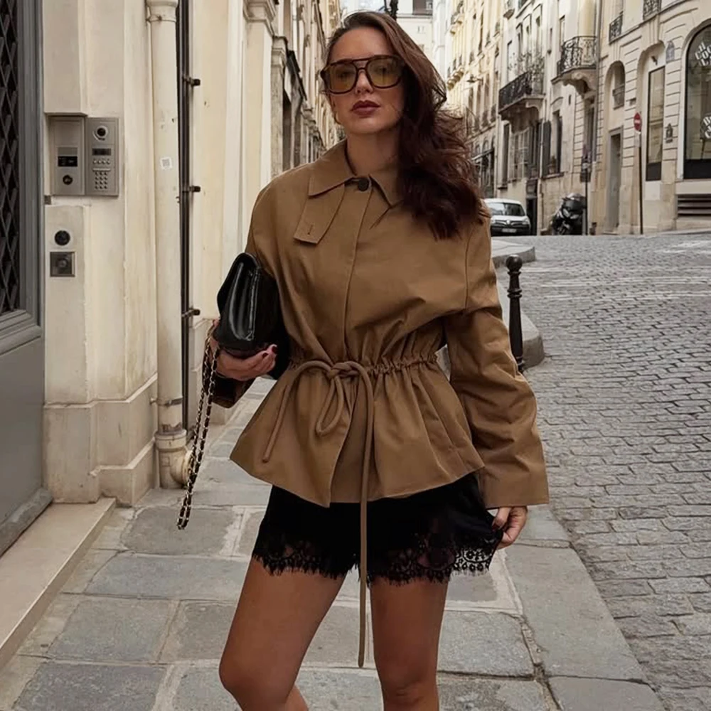 Ticketsx femmes veste courte manteaux nouveau revers ample à lacets bouton mince vestes Vintage automne Streetwear bureau vêtements d'extérieur pour femmes – Image 2