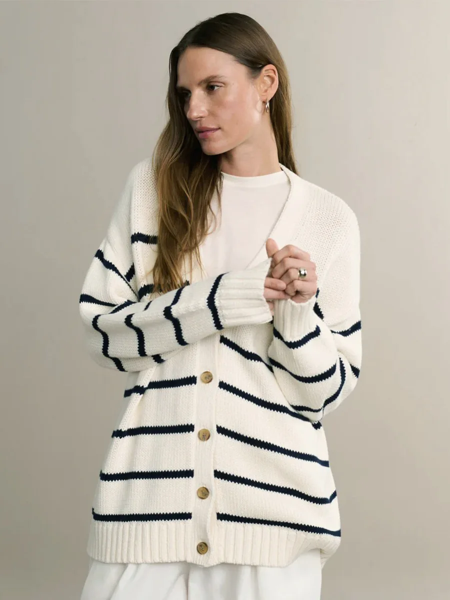 Tricot Cardigan Rayé coton Femme – Image 2