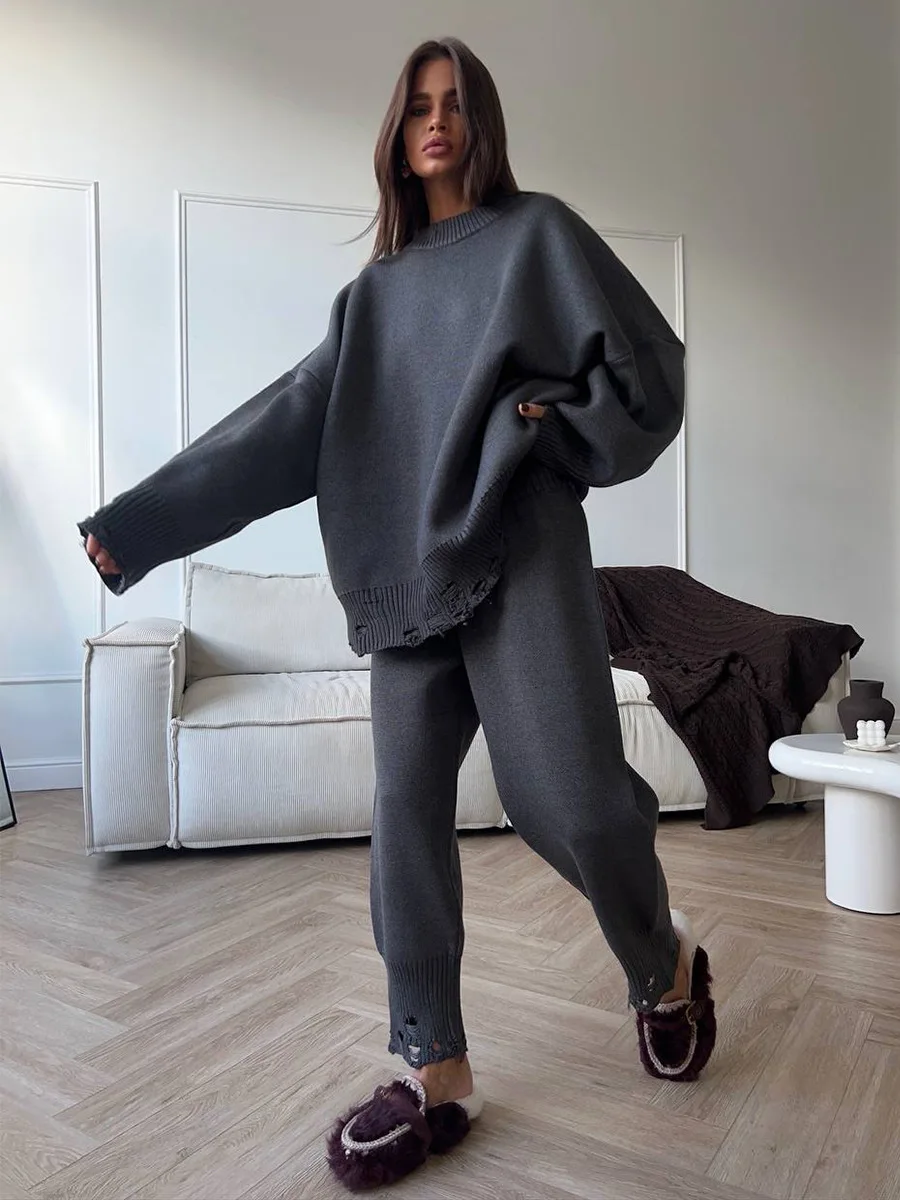 Ensemble pantalon slim en tricot Mode ourlet déchiré – Image 5