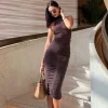 Ticketsx licou col roulé robe longue femmes sans manches dos nu froncé robe Sexy femme soirée Club élégant robe mince
