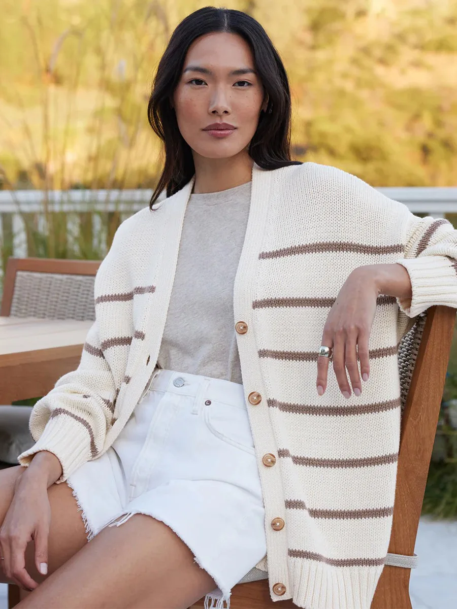 Tricot Cardigan Rayé coton Femme – Image 6